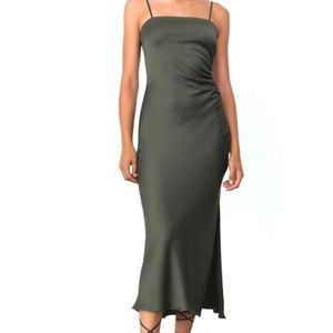 Zara khaki green satin midi slip dress